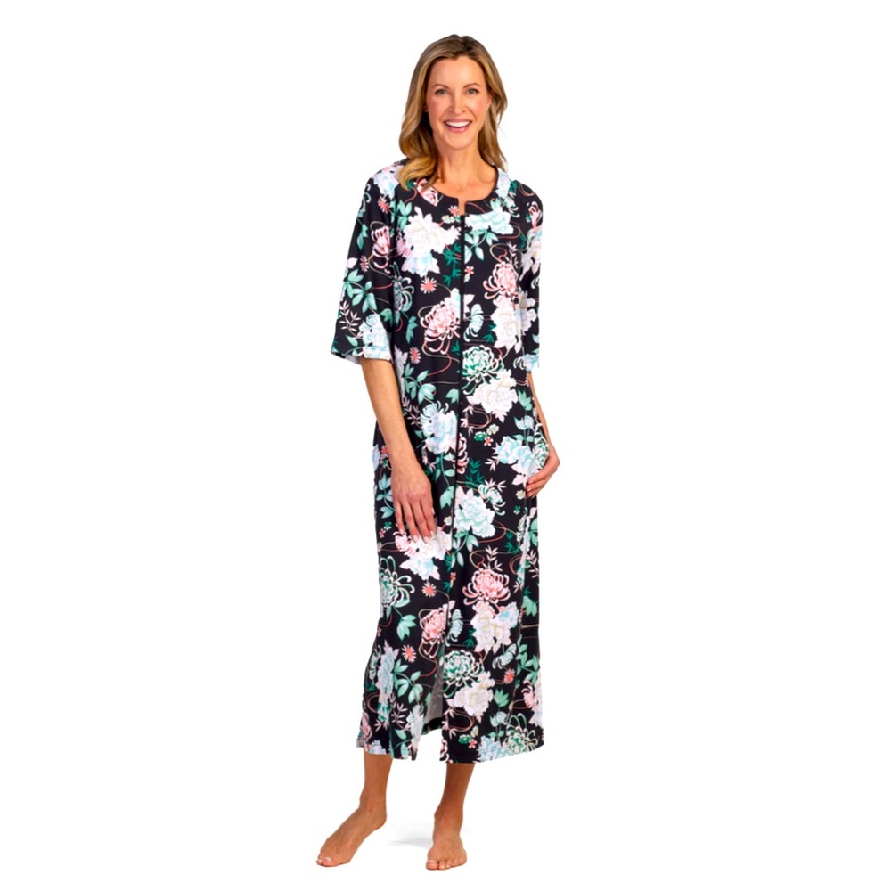 MISS ELAINE Floral Print Snap Long Robe